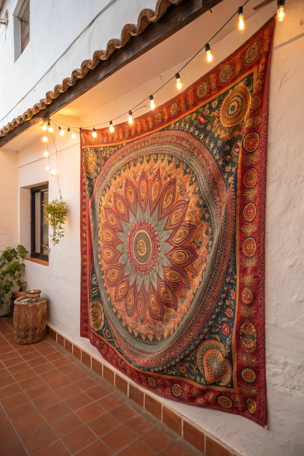 A vibrant tapestry adding warmth to the space.