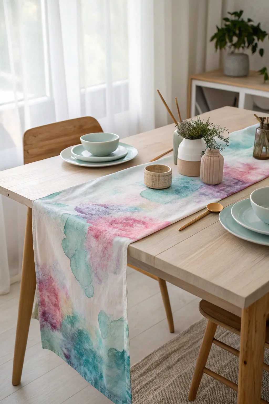 Transform your dining space with the serene beauty of a watercolor table runner.