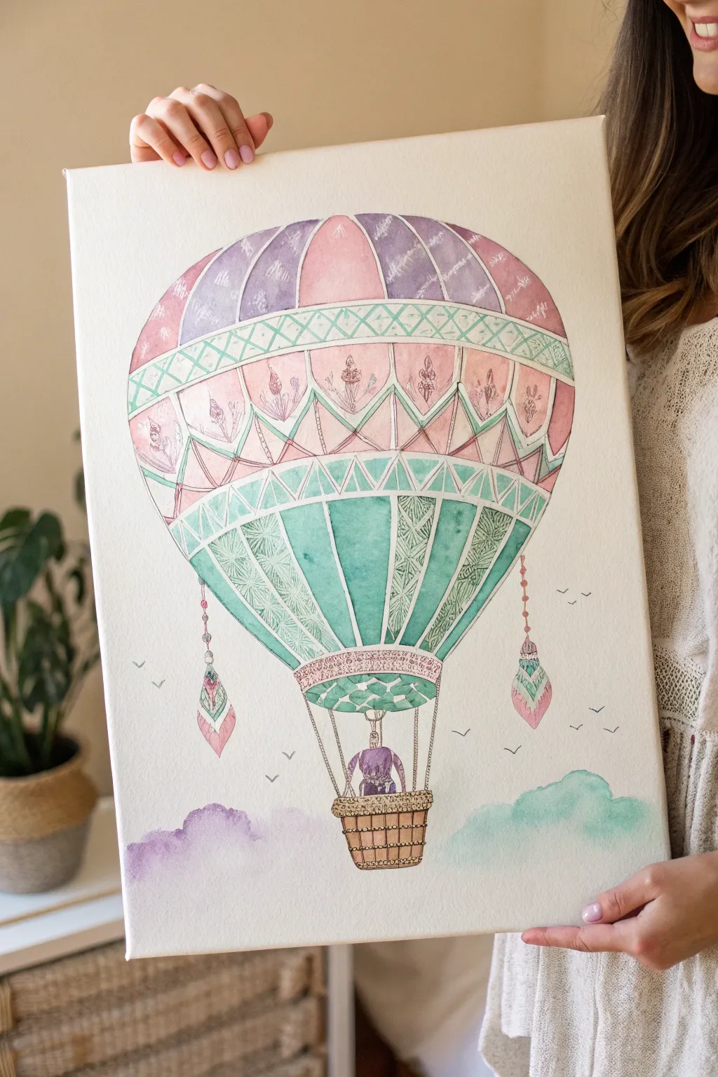 Elevate your space with the whimsical charm of a watercolor hot air balloon.