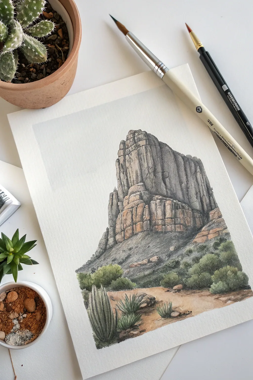 Discover the beauty of textured terrains with intricate watercolor pen artistry.