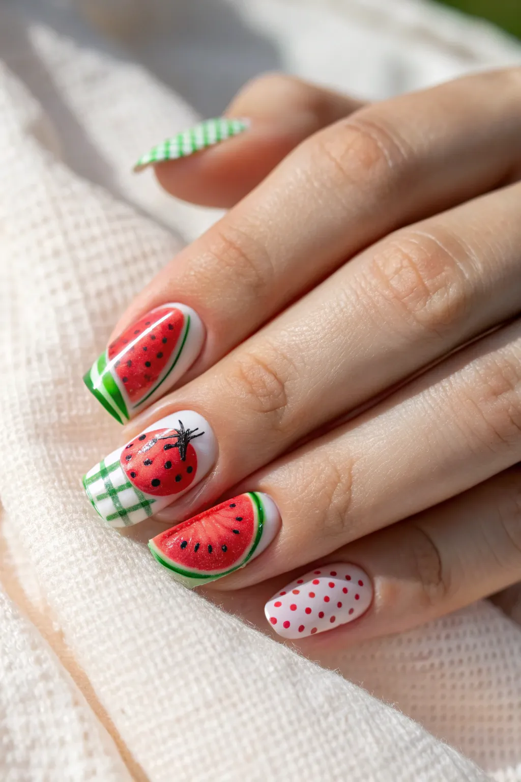 Nail art that tells a story: Dive into summer with this charming watermelon picnic manicure!