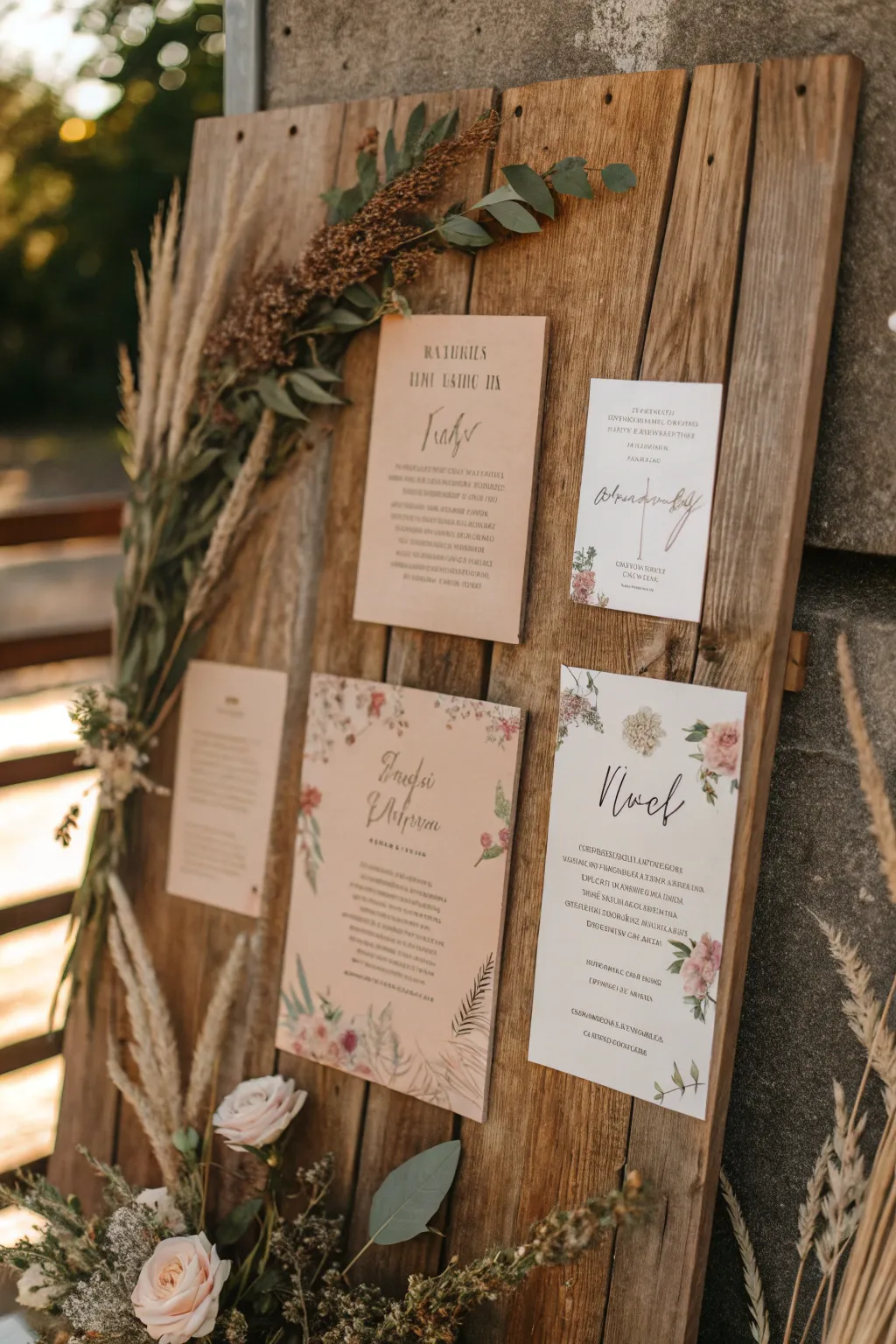 Capture the warmth and charm of rustic elegance with this wedding card collage idea.