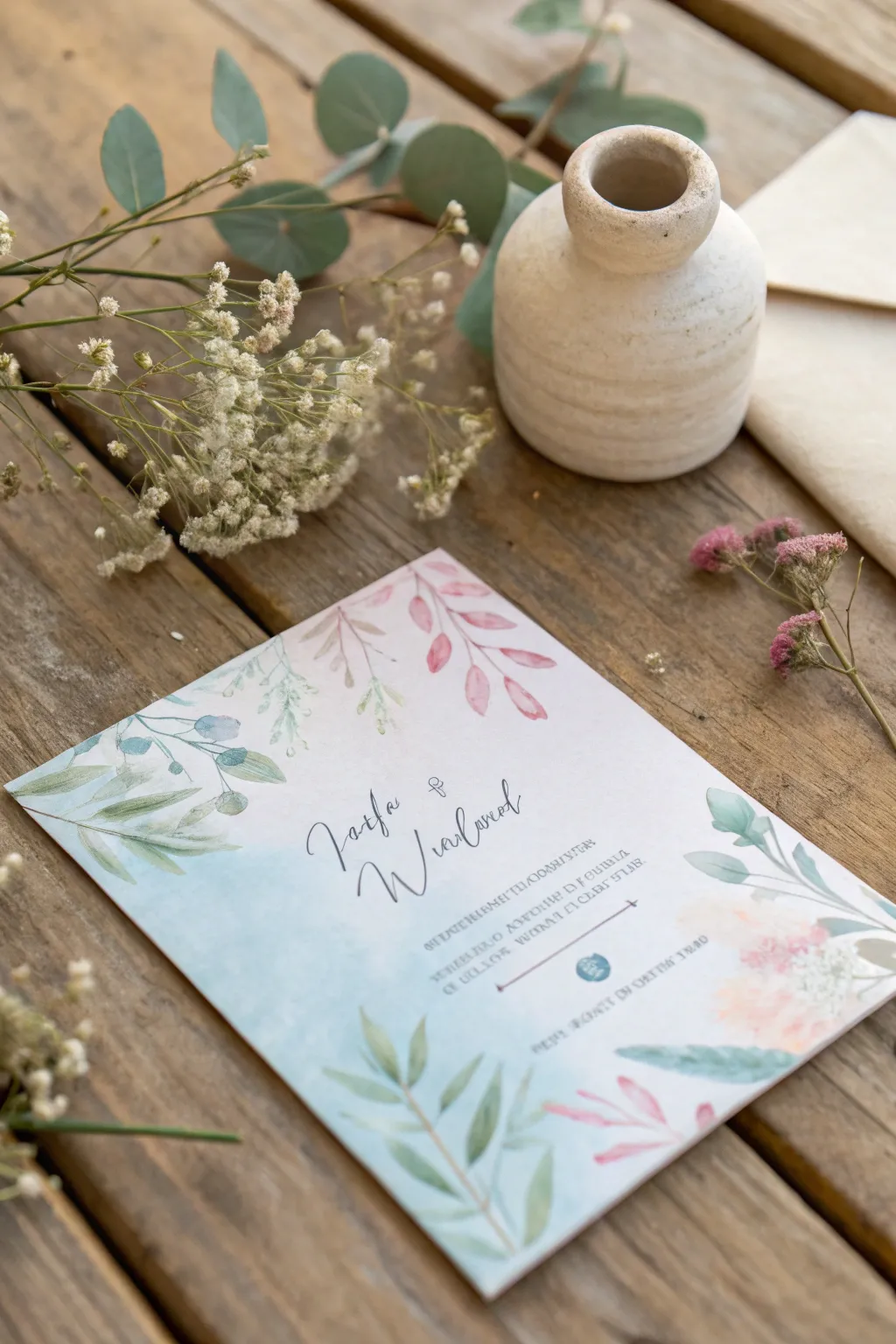 Capture the serene elegance of handcrafted watercolor wedding cards, perfect for a minimalist celebration.