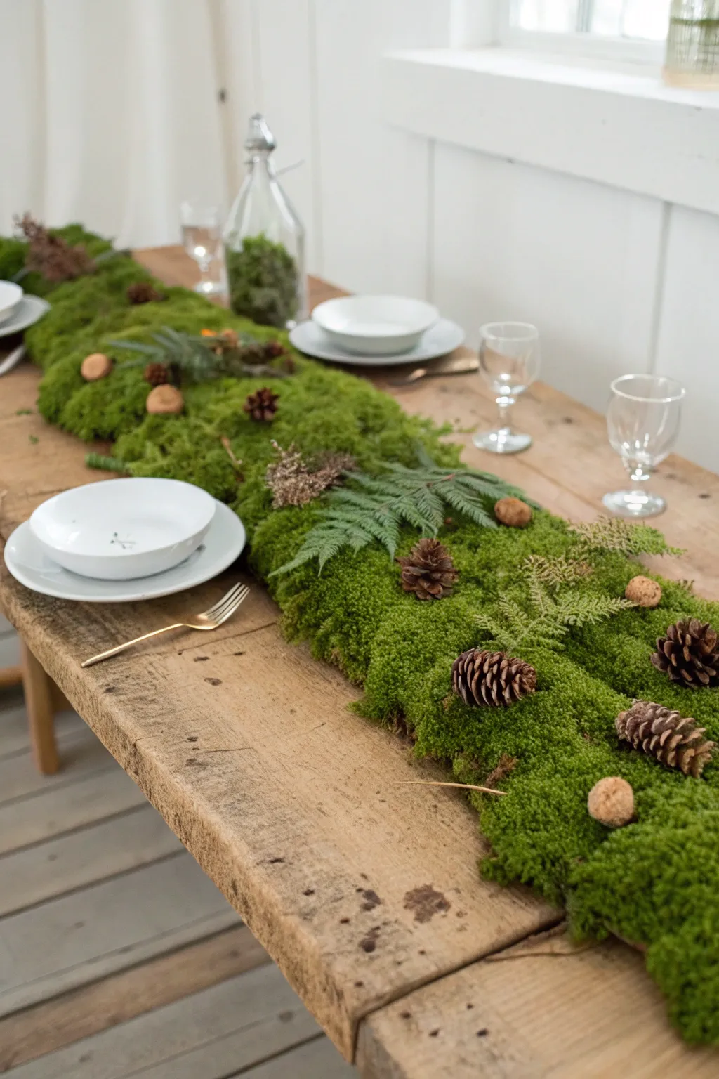 Bring the enchantment of the forest to your wedding with a mossy table runner that exudes natural elegance.