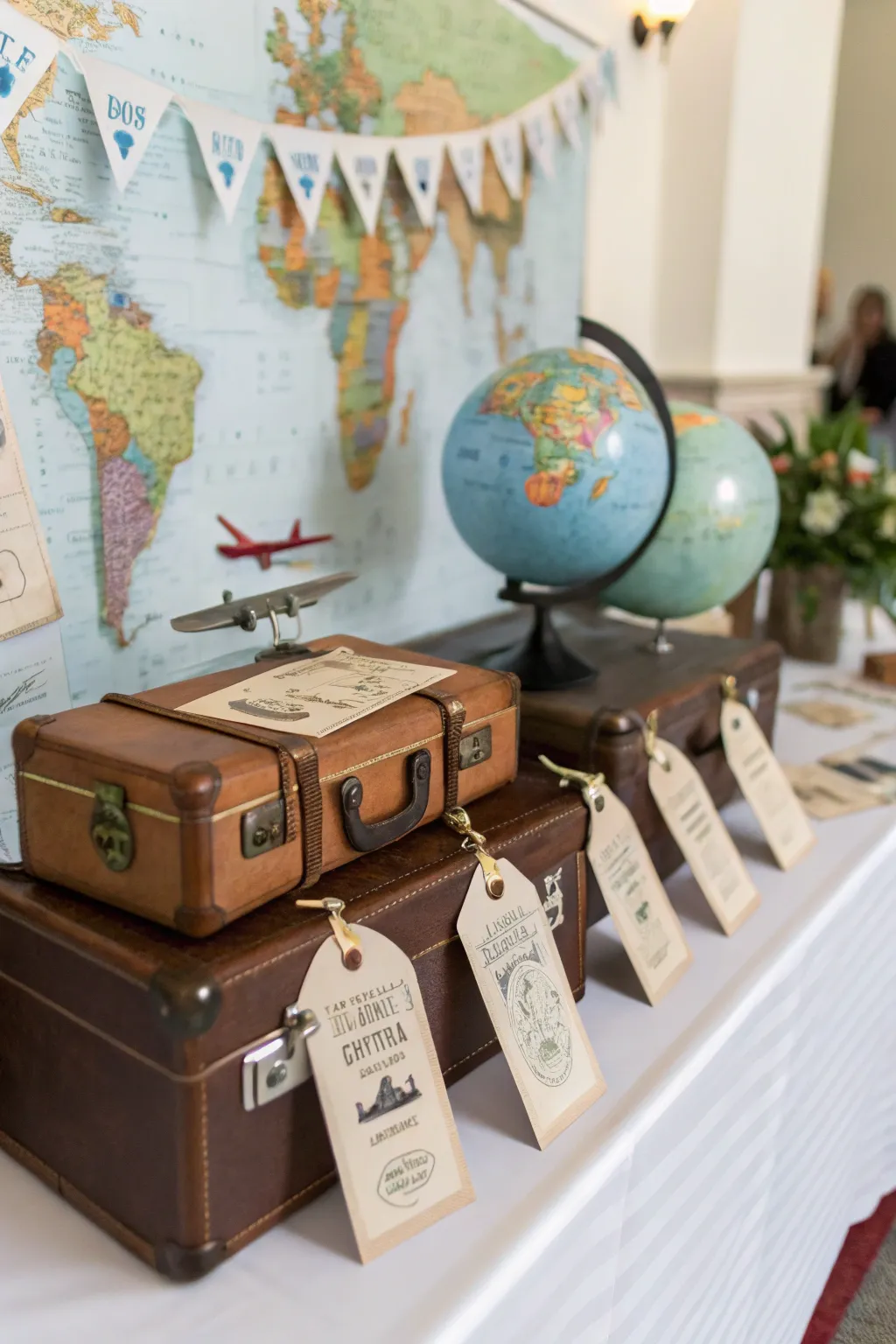 Luggage tag-style name tags are perfect for travel-themed weddings.