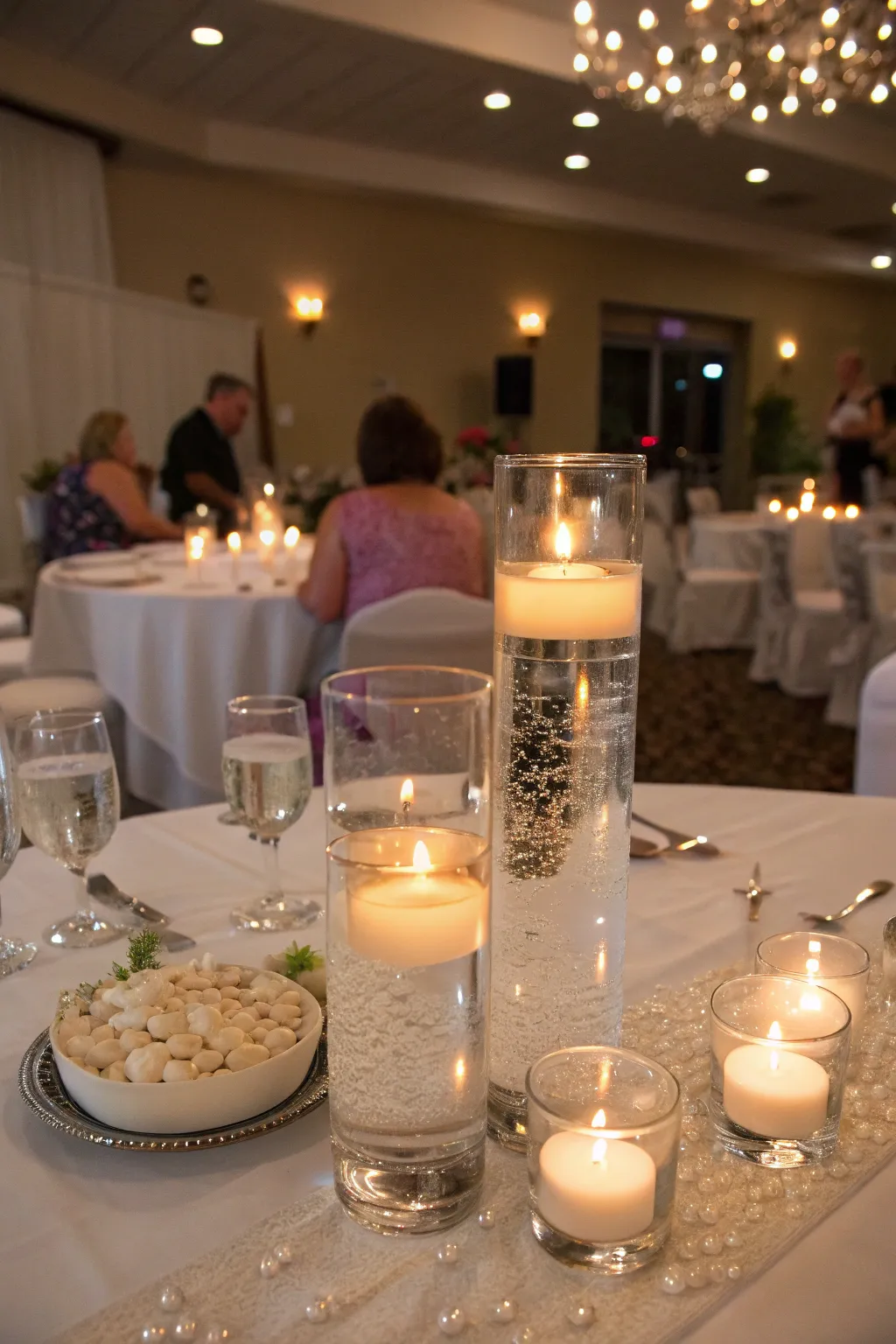 Floating candles create a soft, romantic ambiance.