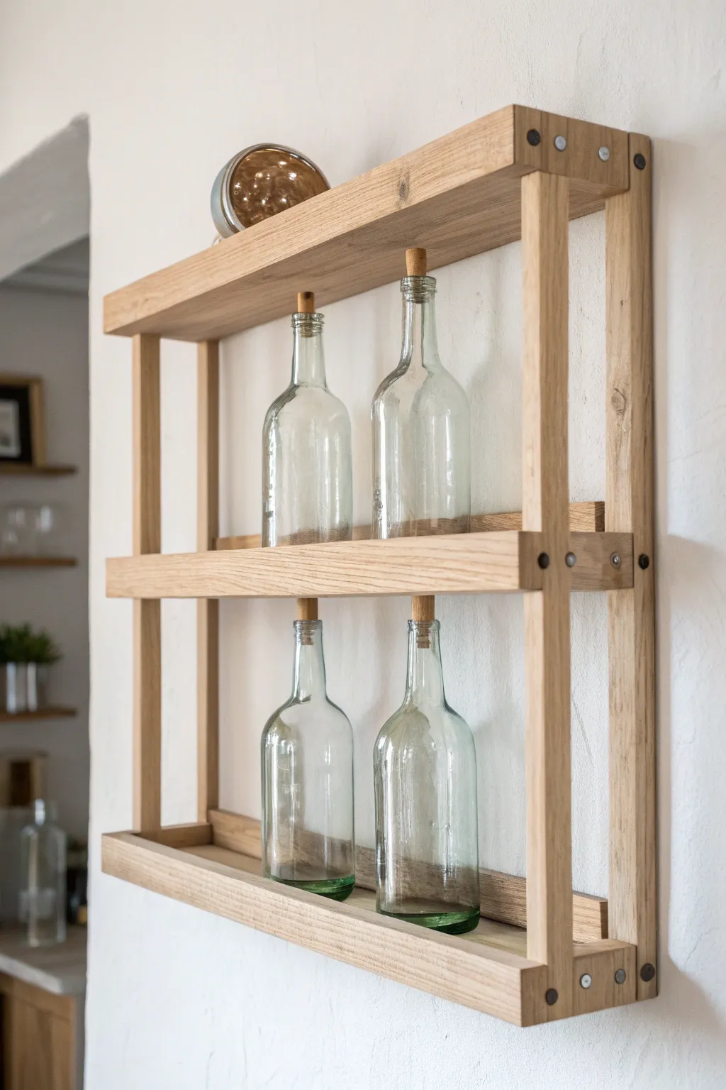 Transform your glass bottles into a stunning wall feature with this Scandinavian-Boho shelf design.