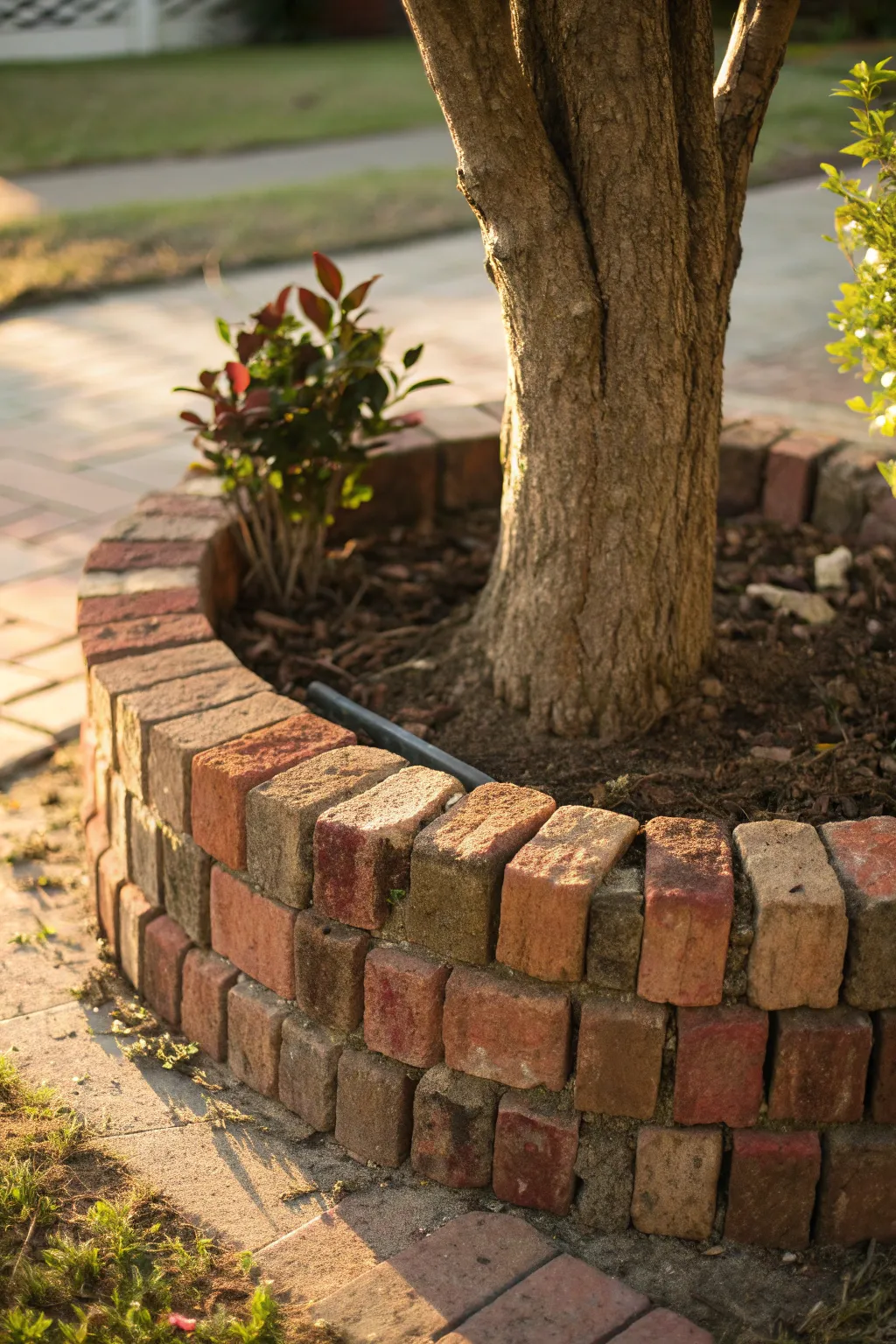 Transform old bricks into a stunning tree ring for a touch of rustic elegance.