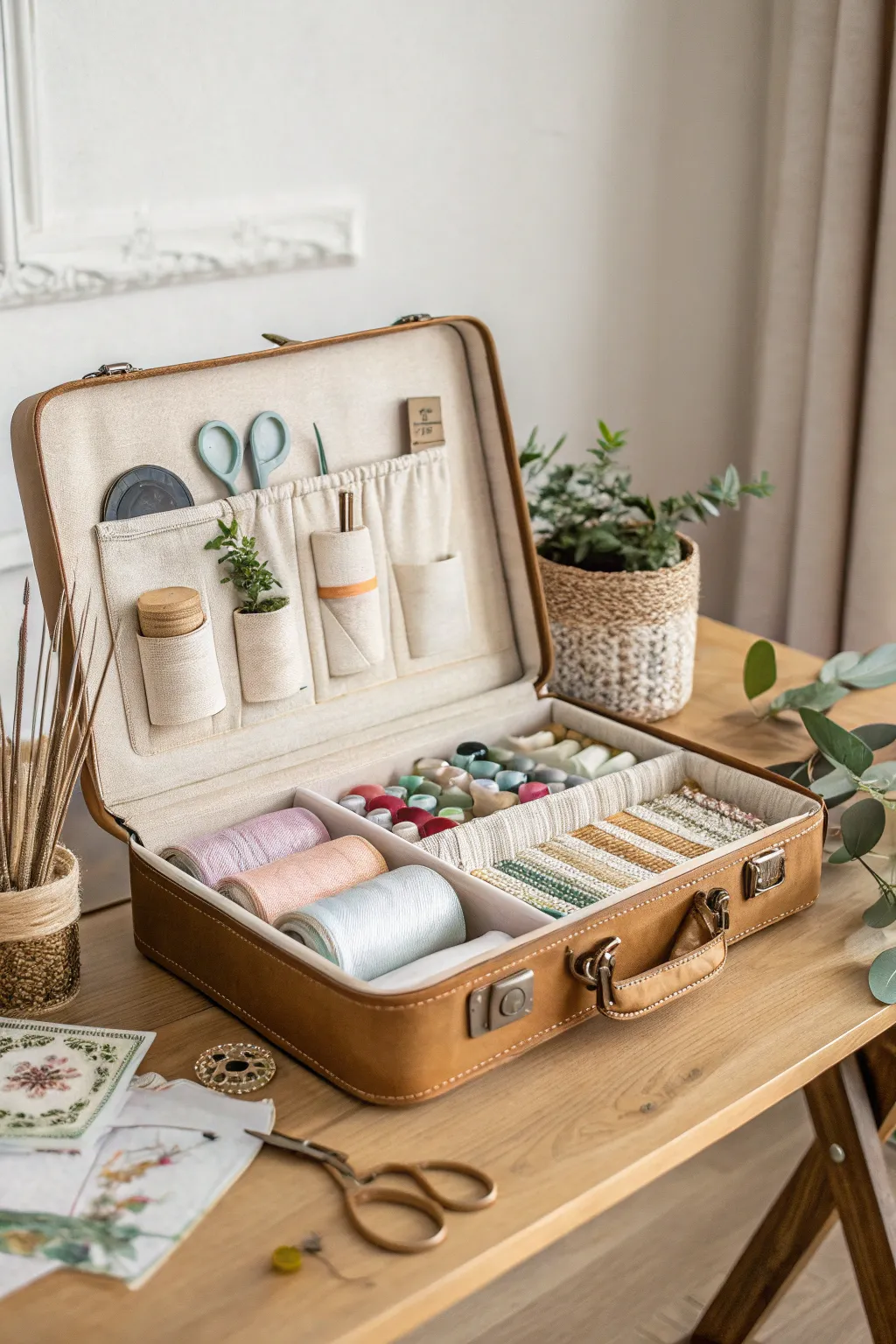 Transform your vintage suitcase into a chic craft supply organizer, blending style and function seamlessly.