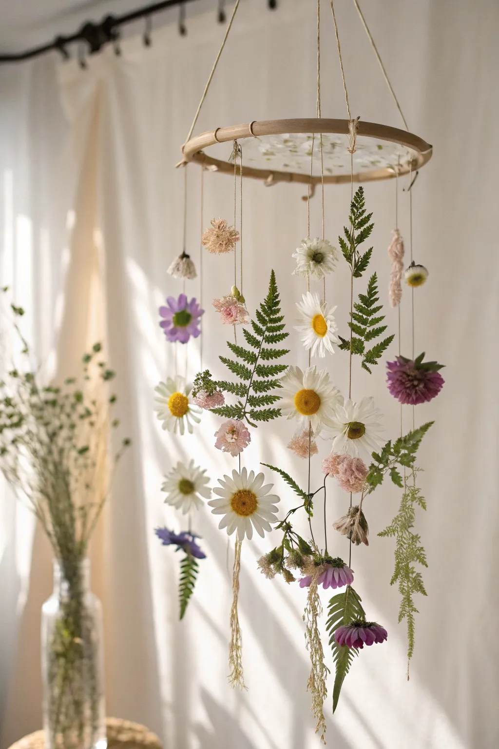 Elevate your space with a serene floral mobile made from pressed flowers, perfect for adding a touch of nature and elegance.