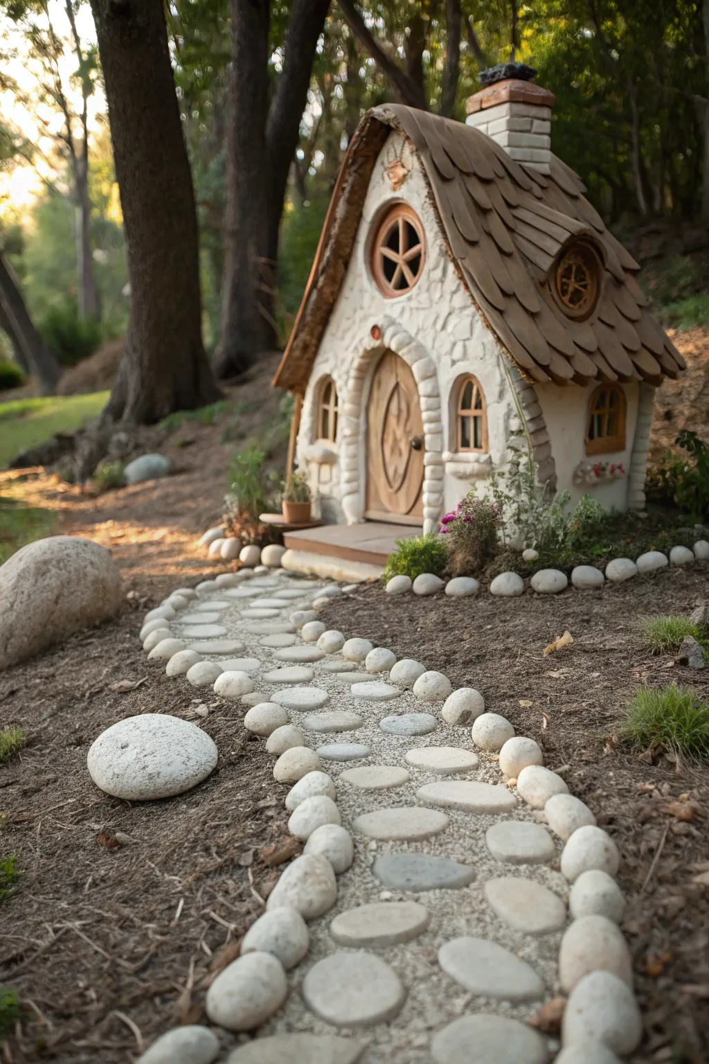 Step into enchantment with a charming pebble pathway leading to a whimsical clay fairy house.