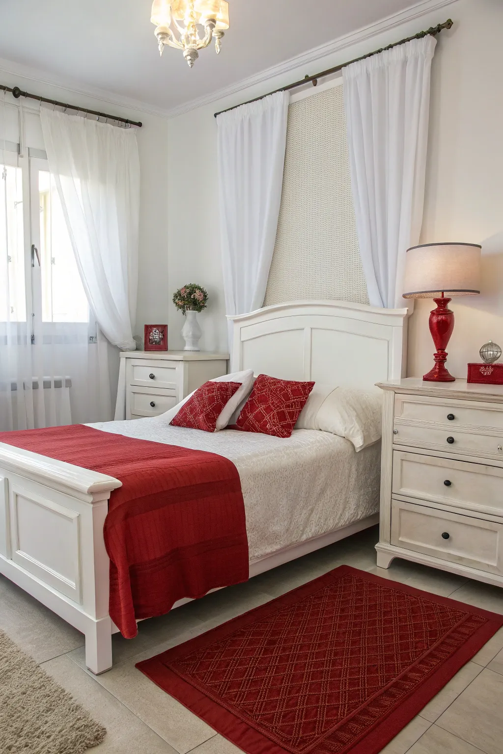 A harmonious pairing of white and red furniture creates a balanced aesthetic.