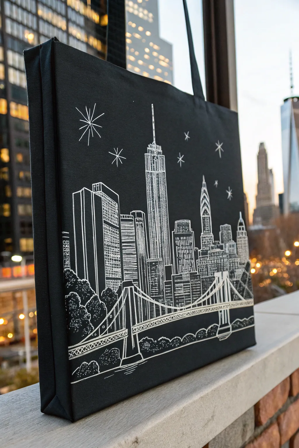 Explore urban elegance with a minimalist city skyline in white on black.
