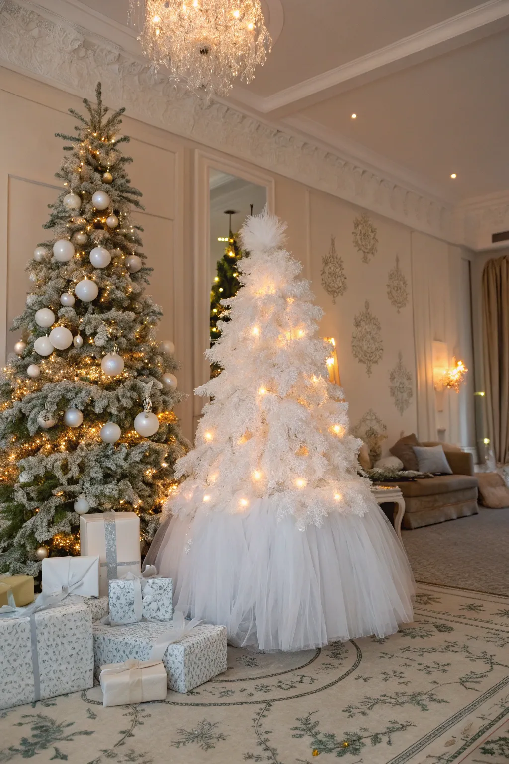 A dreamy white tulle puff adds ethereal beauty to this tree.