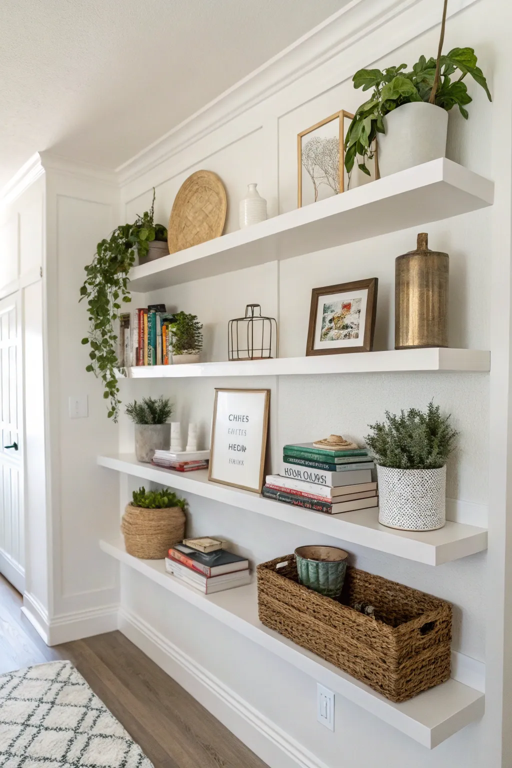 Floating shelves add style and storage to white walls.