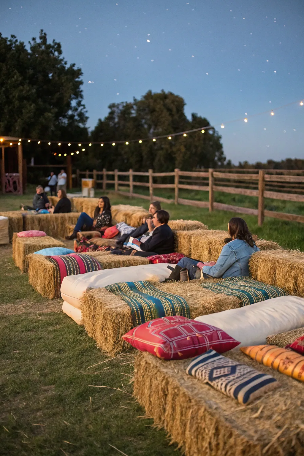 Hay bales offer rustic and comfortable seating.