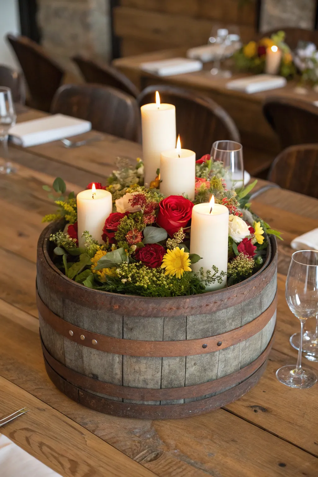 Elevate your dining with a handcrafted wine barrel ring centerpiece.