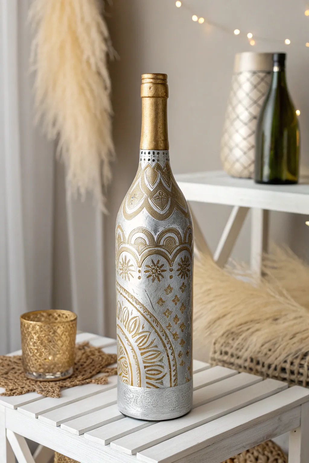 Transform your wine bottles into luxurious decor with glamorous metallic accents.