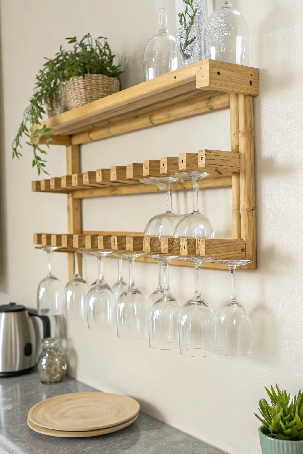 Elevate your space with the serene beauty of a handcrafted bamboo wine glass rack. #BambooChic