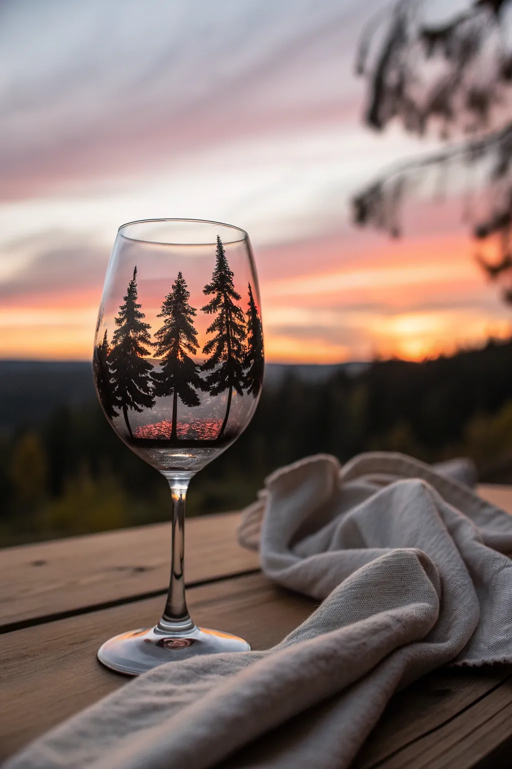 Embrace the beauty of simplicity with a stunning sunset silhouette on your wine glass.