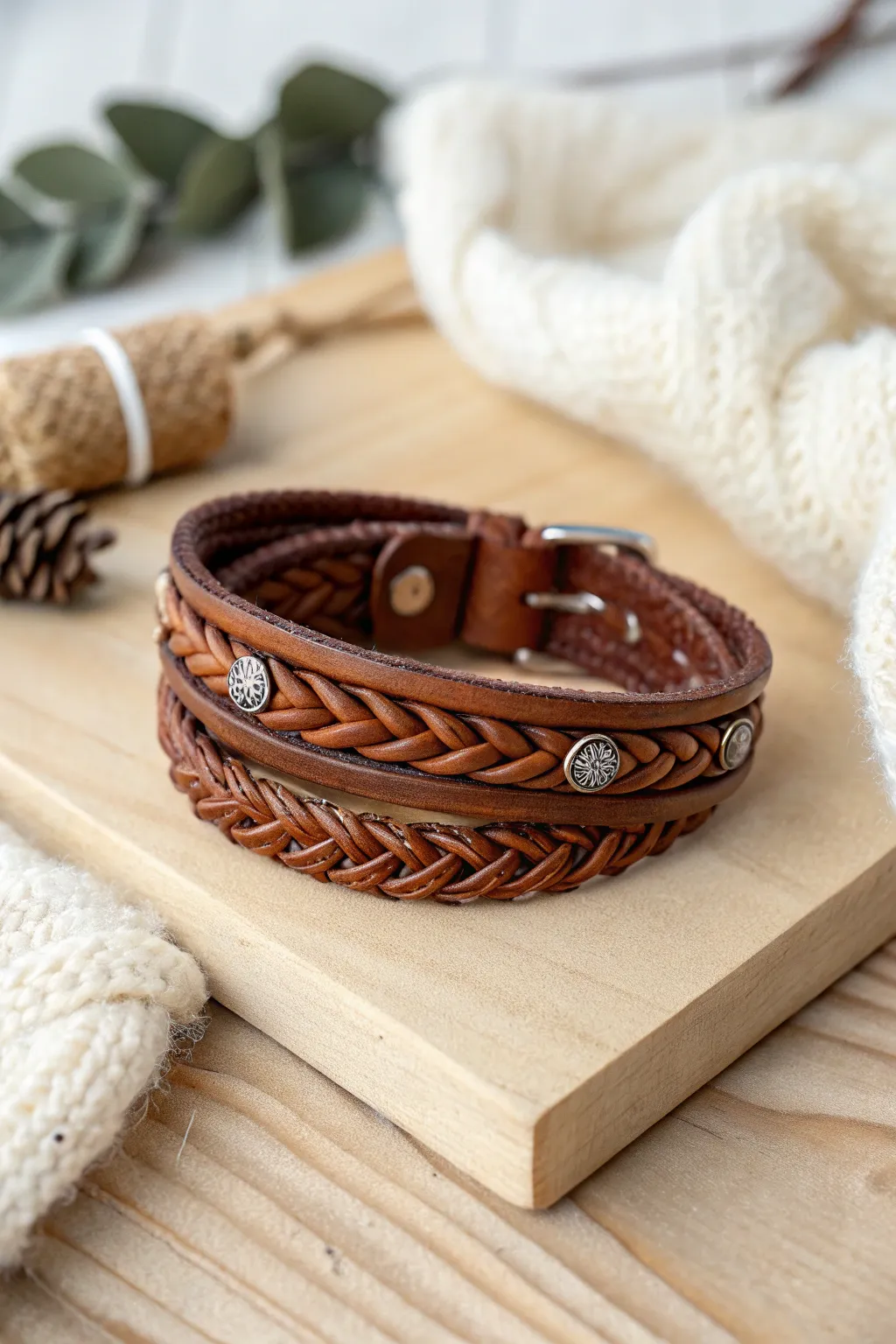 Embrace the cozy boho winter vibe with this handcrafted leather wrap bracelet.