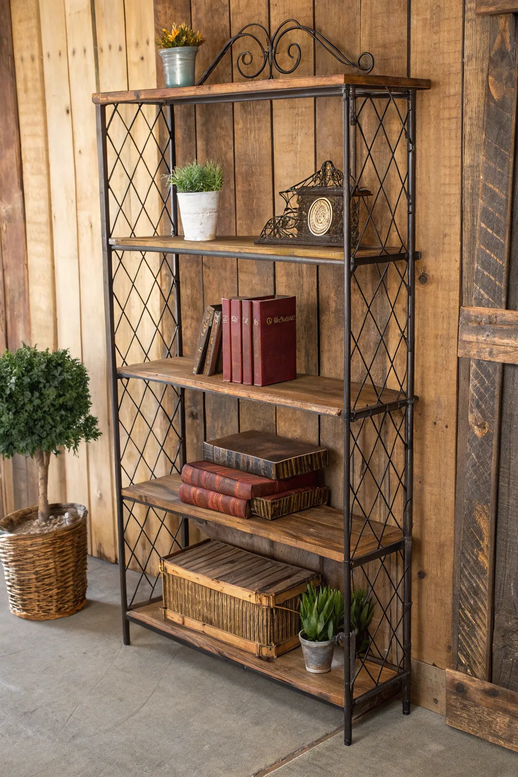 Embrace rustic charm with this artfully crafted wire and reclaimed wood bookshelf.
