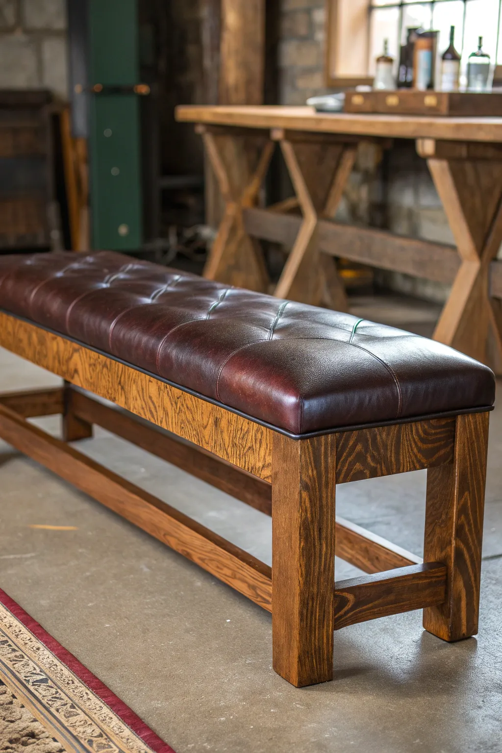 Elevate your space with the perfect fusion of leather and wood - a masterpiece of mixed media.