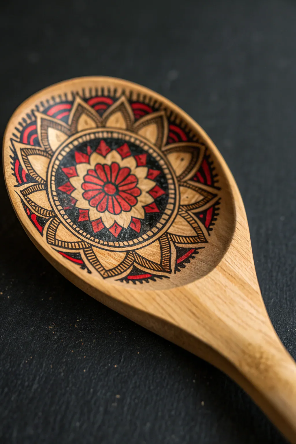 Discover the art of mandala magic with this exquisite wood-burned spoon.