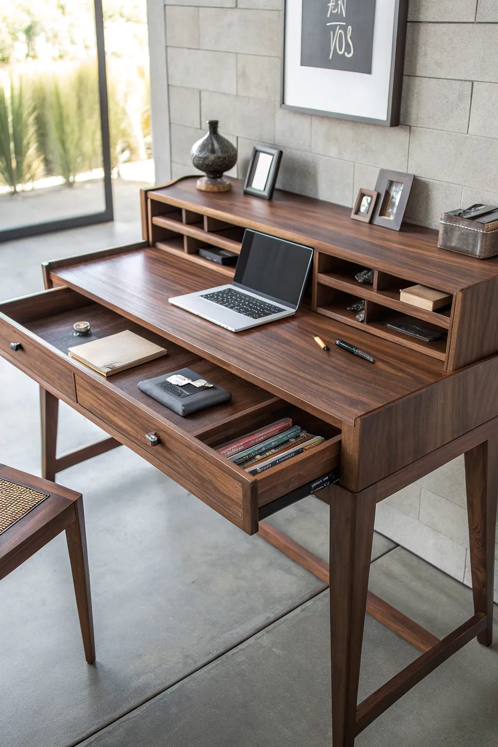 Maximize your space with this versatile wood desk—where style meets functionality.