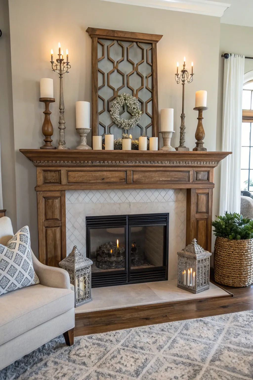 Achieve harmony with symmetrical decor placement on your mantel.