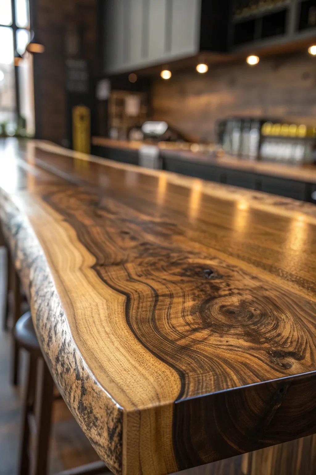 Elevate your home bar with the timeless elegance of a handcrafted wood slab countertop.