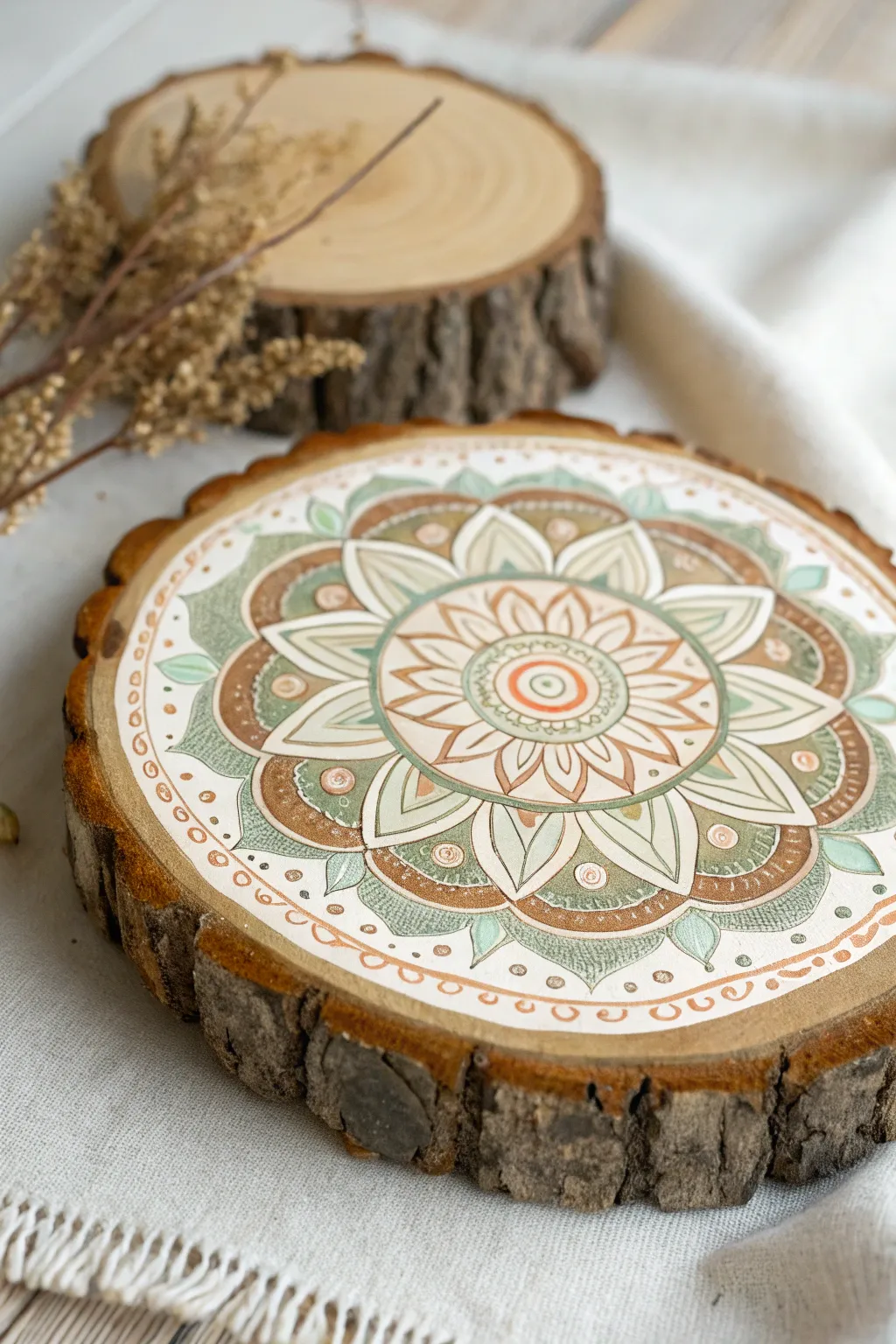 Transform your space with the captivating charm of a hand-painted bohemian mandala on natural wood.