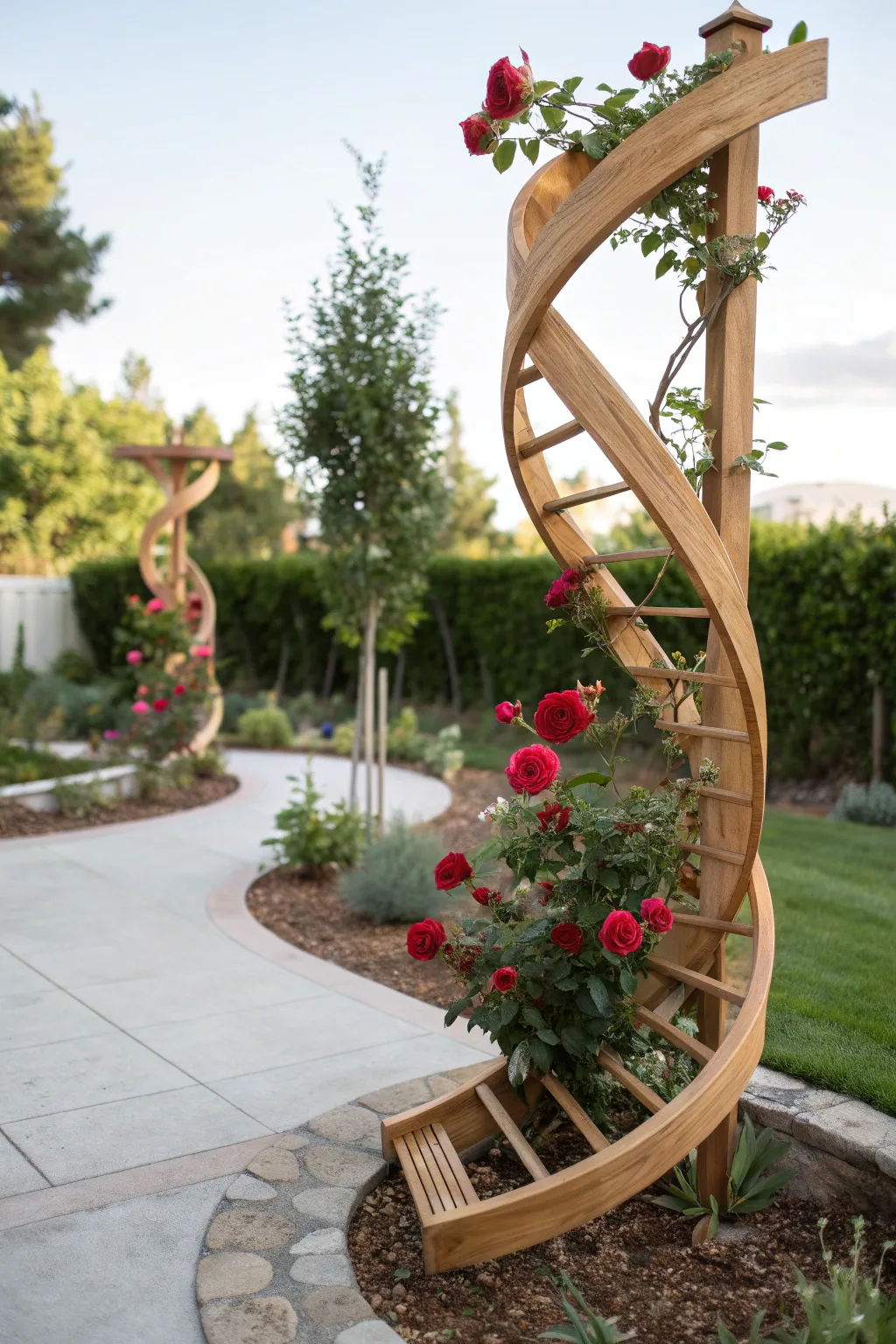 Transform your garden into a masterpiece with an artistic wooden trellis that supports your blooms in style.