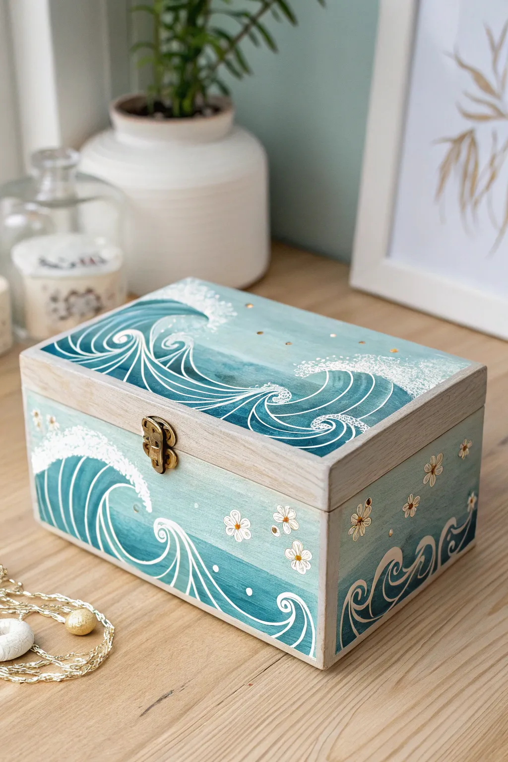Embrace the calm of the ocean with this stunning wave-painted jewelry box. Perfect for those who cherish minimalist elegance with a touch of Boho charm.