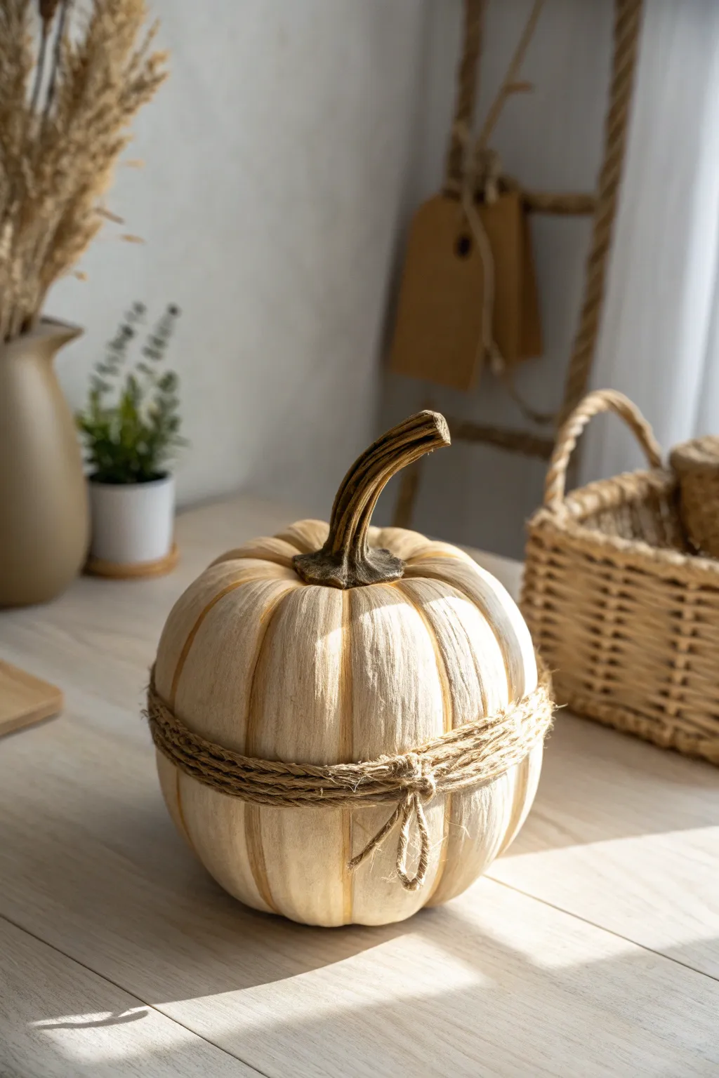 Embrace rustic elegance with jute-wrapped wooden pumpkins, perfect for a cozy, minimalist fall display.