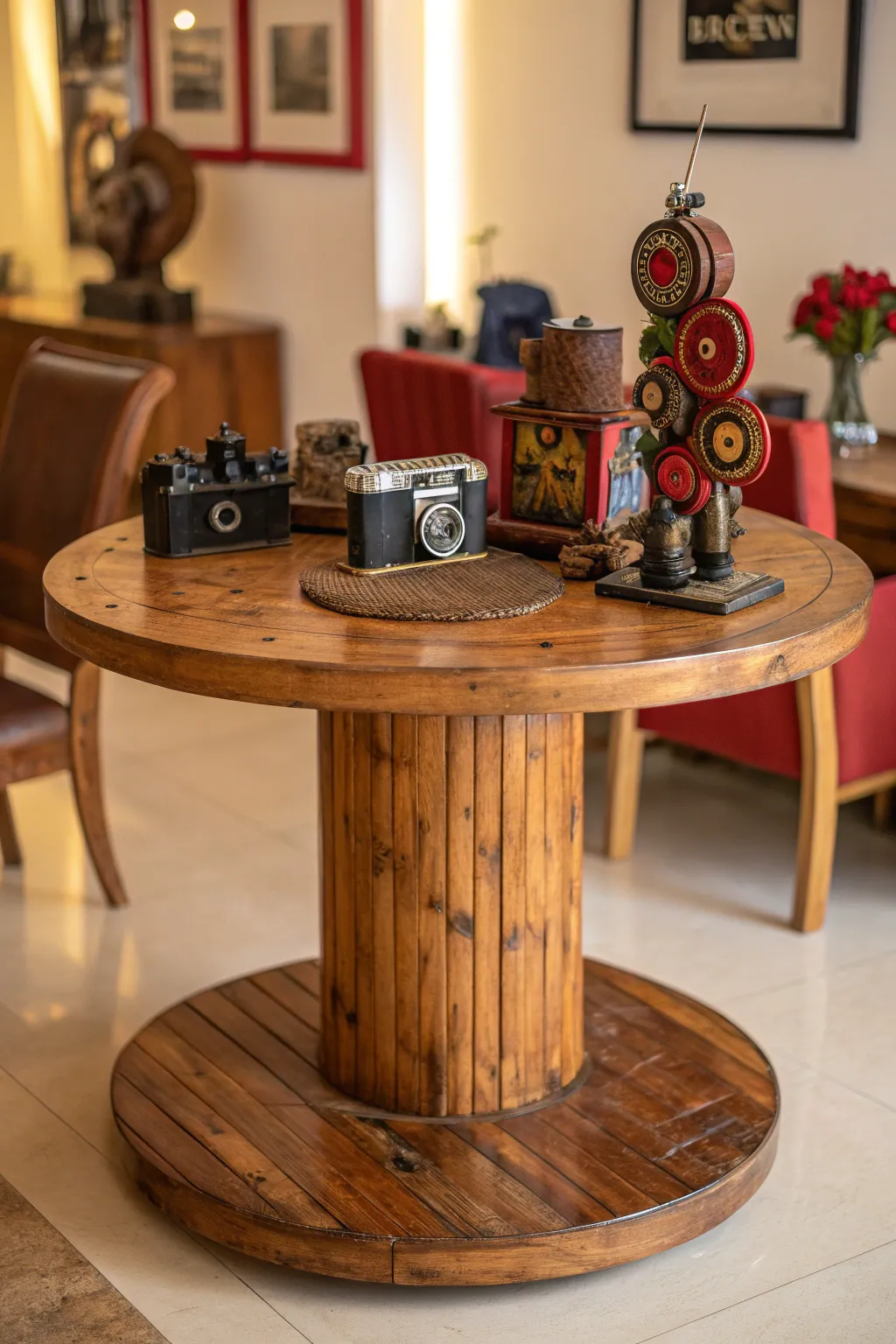Showcase your artistry: Transform a wooden spool into an eye-catching art display table!