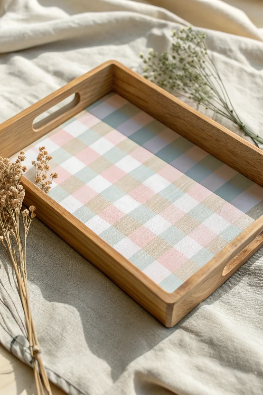 Add a touch of joy to your decor with a charming gingham-patterned wooden tray - where simplicity meets artisanal elegance.