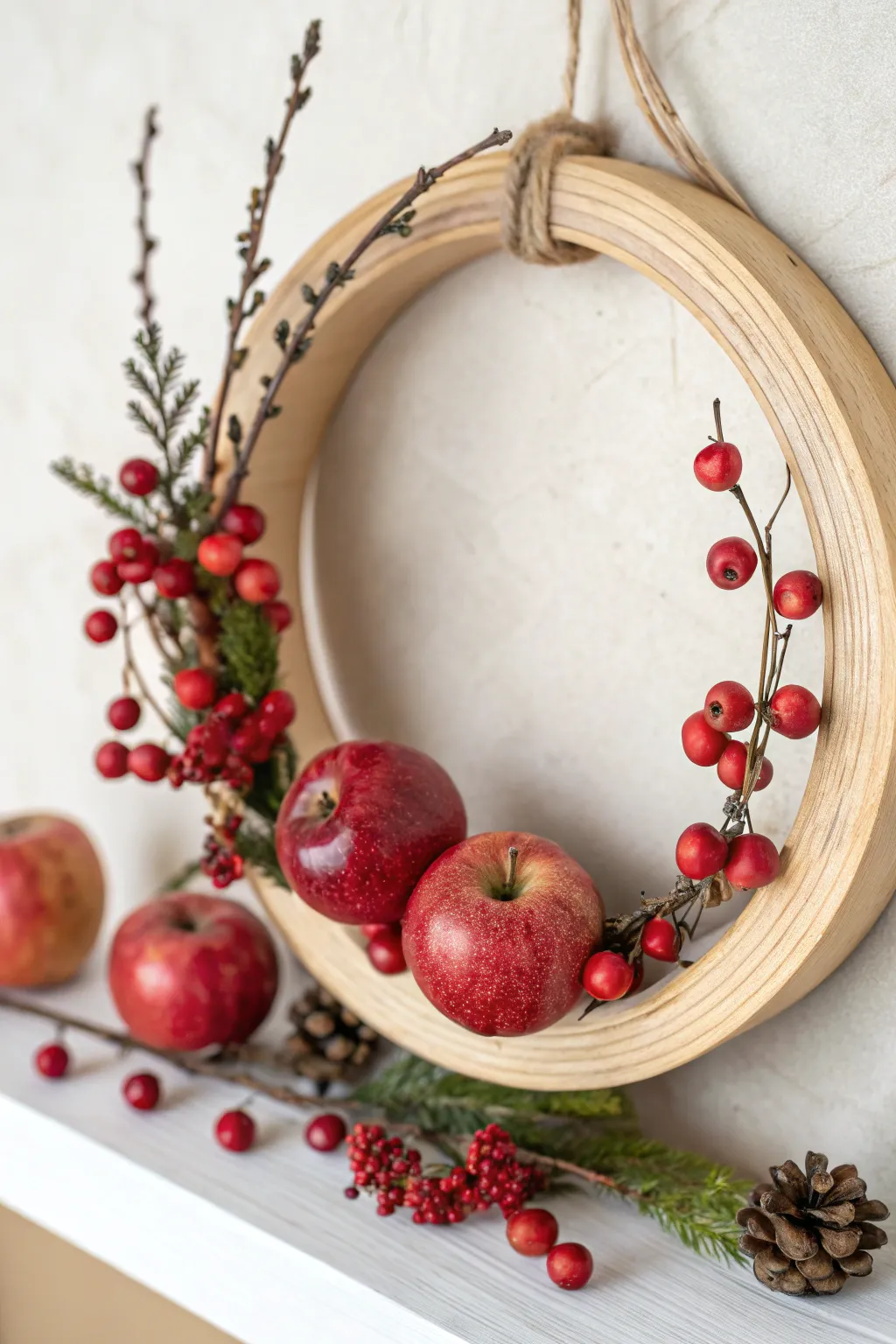 Bring a touch of vibrant elegance to your space with this beautifully crafted wooden wreath adorned with pops of red.