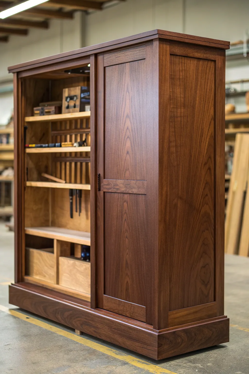 Maximize your workshop space with elegant sliding door cabinets, designed for both style and efficiency. 🌟🔨 #WoodworkingCraft #WorkshopStorage