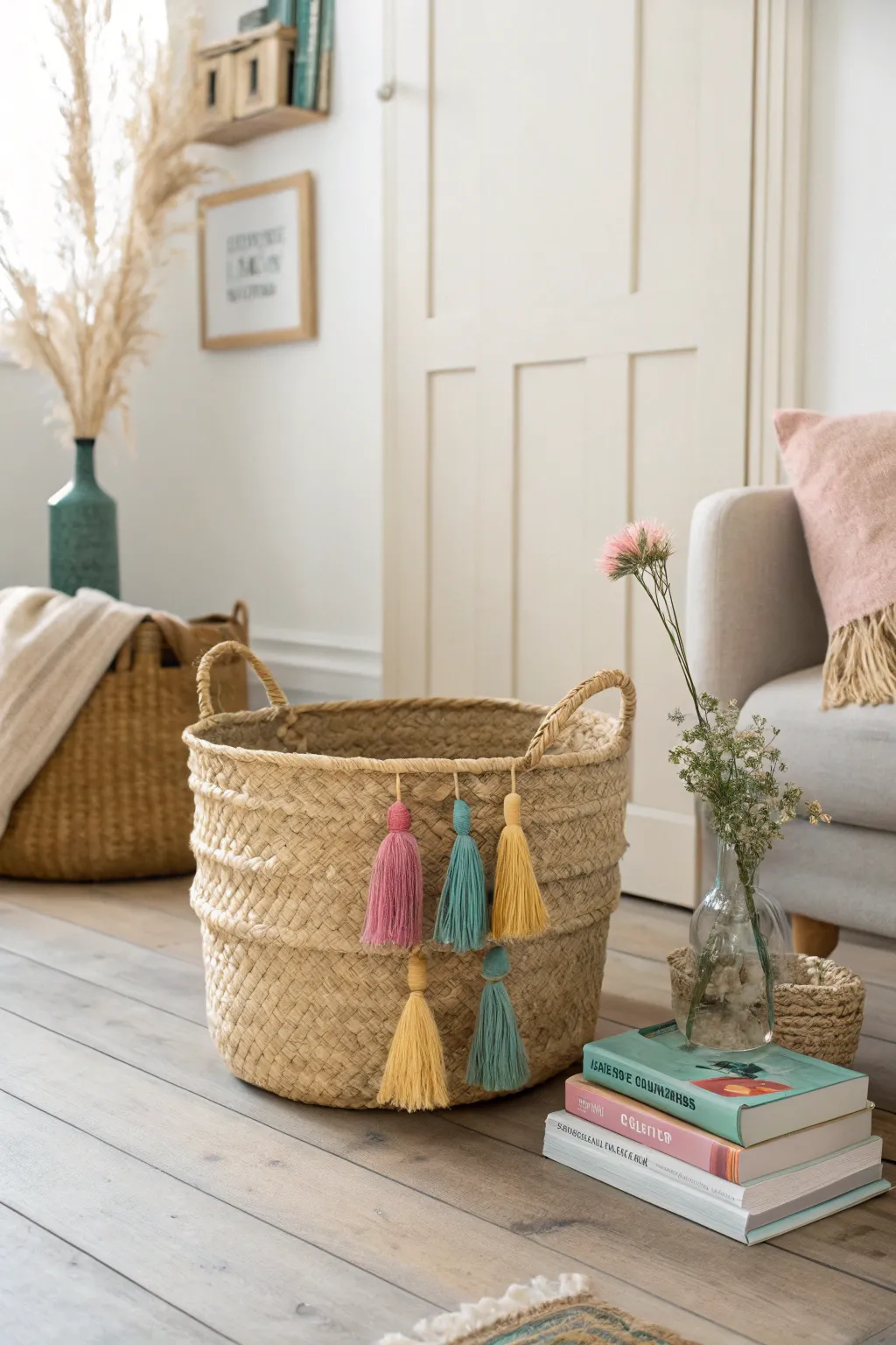 Infuse your space with bohemian charm with this beautifully tasseled basket!