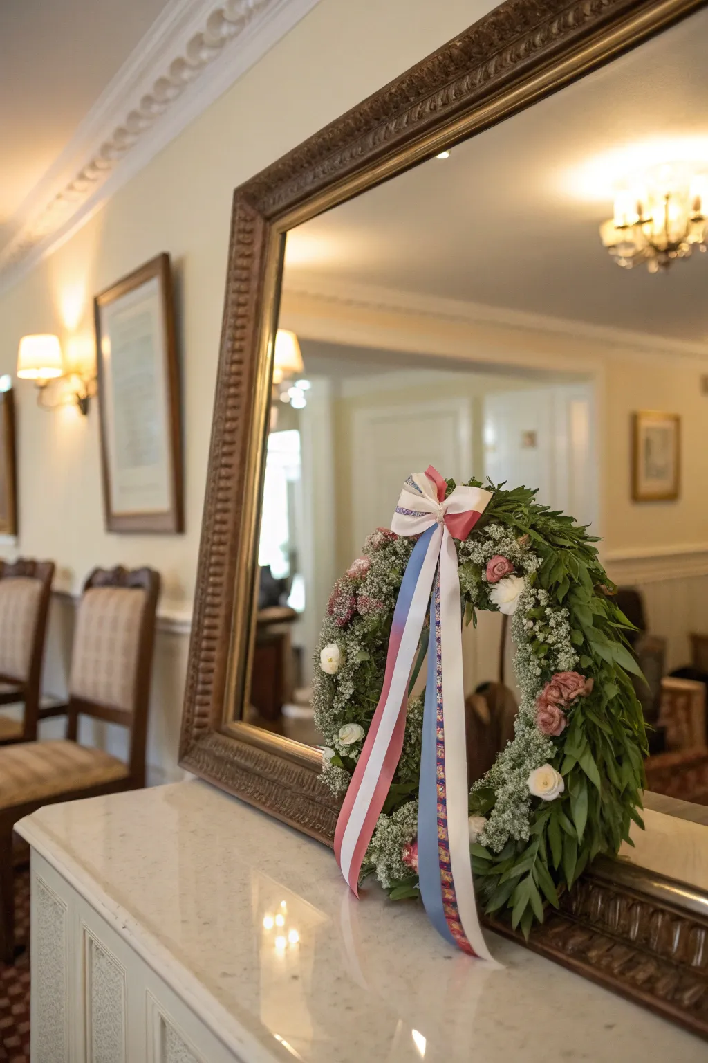 A ribbon-tied wreath offers a sweet, simple charm.