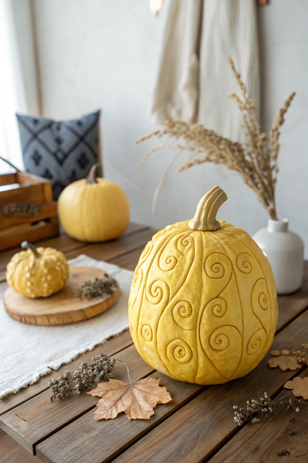 Embrace the whimsical side of fall with playful swirls on a beautifully carved yellow pumpkin.