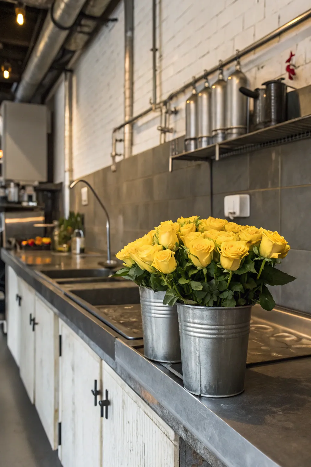 Industrial chic with yellow roses in metal containers.