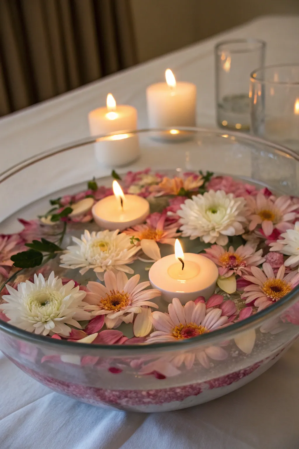 A peaceful centerpiece with floating blooms that captures tranquility and elegance.
