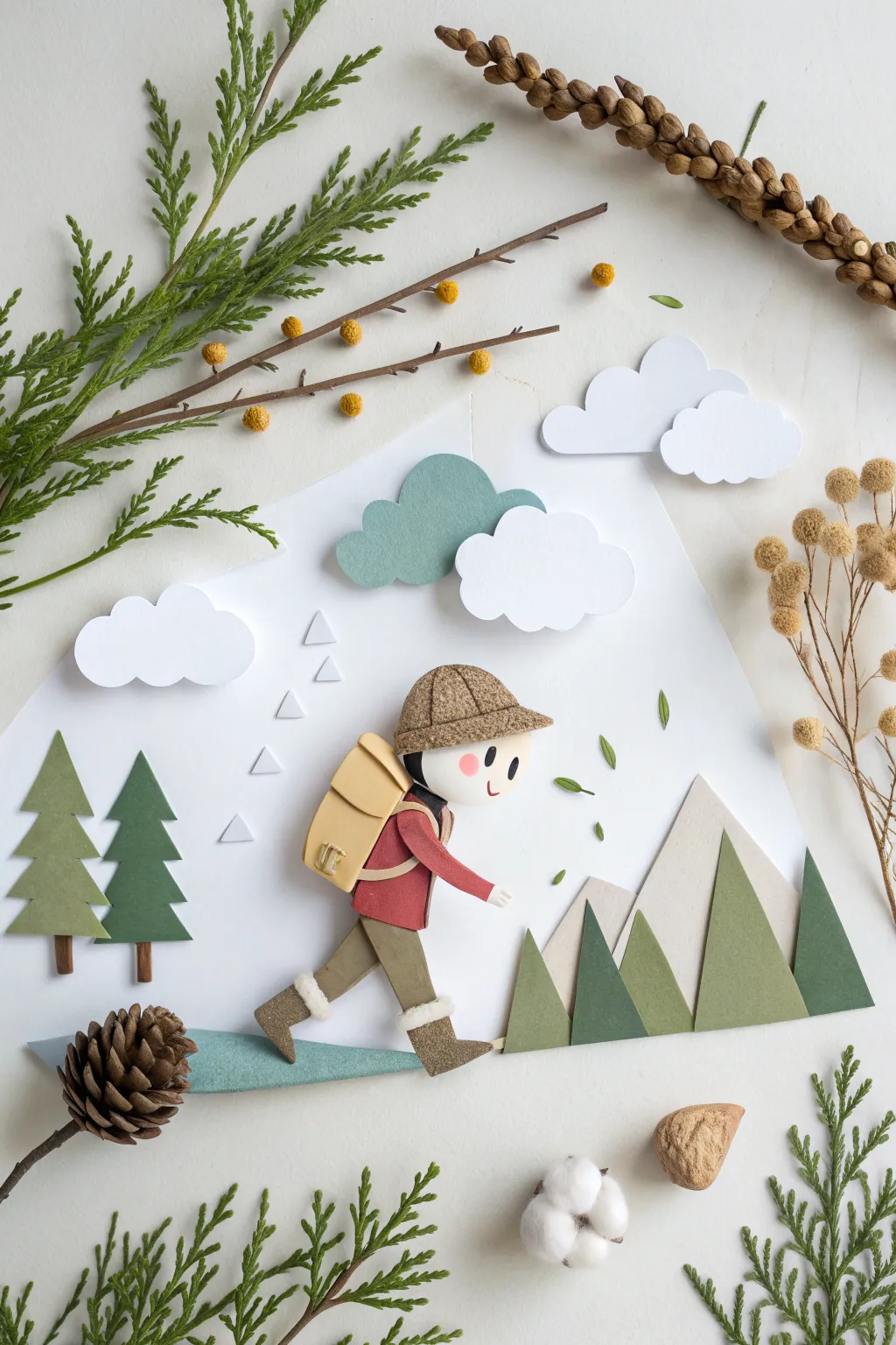 Embark on a paper adventure: A minimalist 3D collage capturing the essence of storytelling through simple, natural beauty.