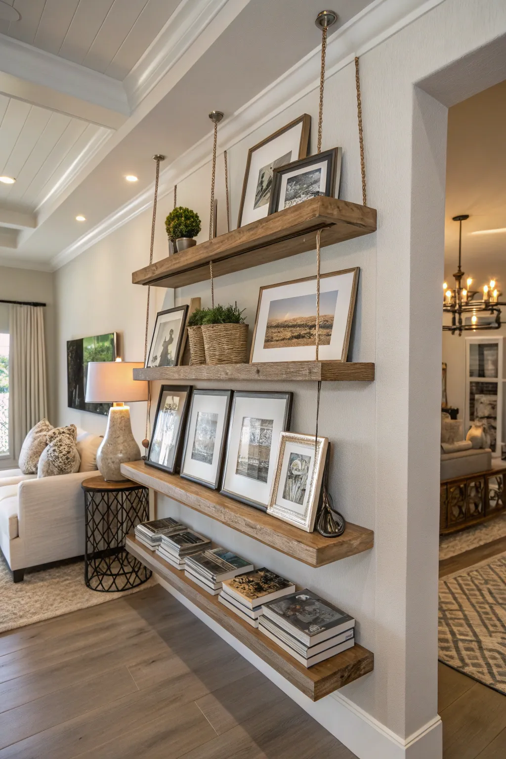 Create dimension with a layered shelf frame arrangement.