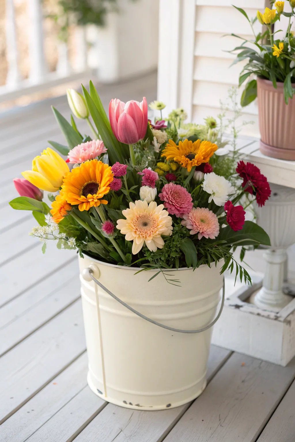 Transform a simple bucket into a floral masterpiece and let your garden bloom with vibrant charm.