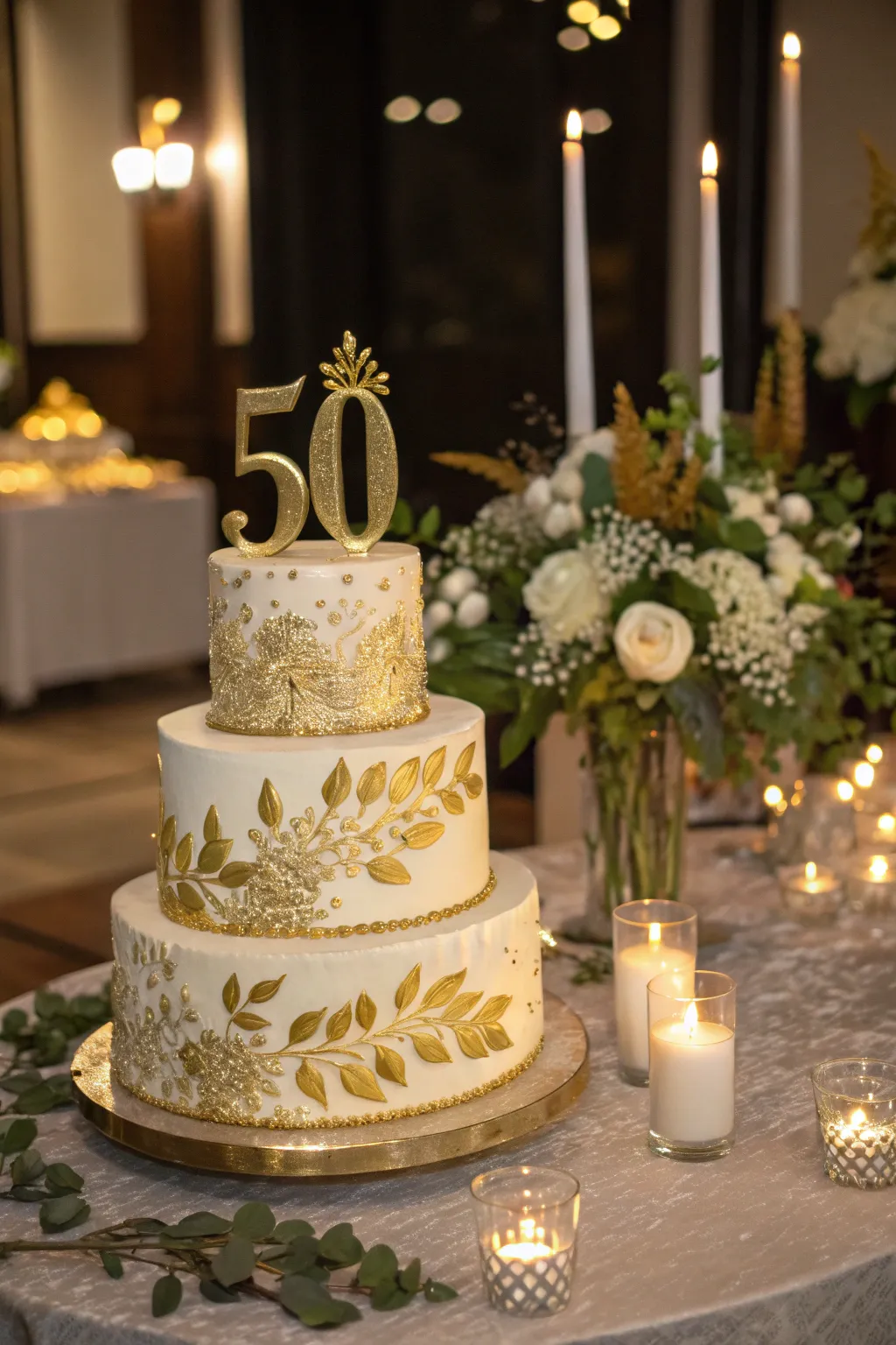 A statement cake adorned with gold leaf, perfect for a celebratory centerpiece.