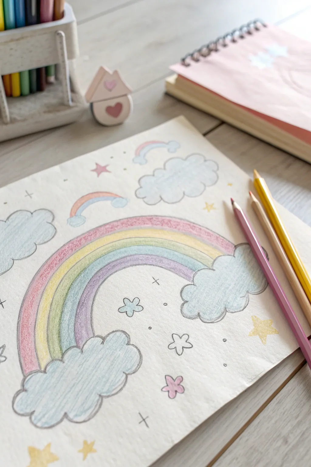 Discover the magic of weather through a child's eyes with this enchanting rainbow and cloud drawing.