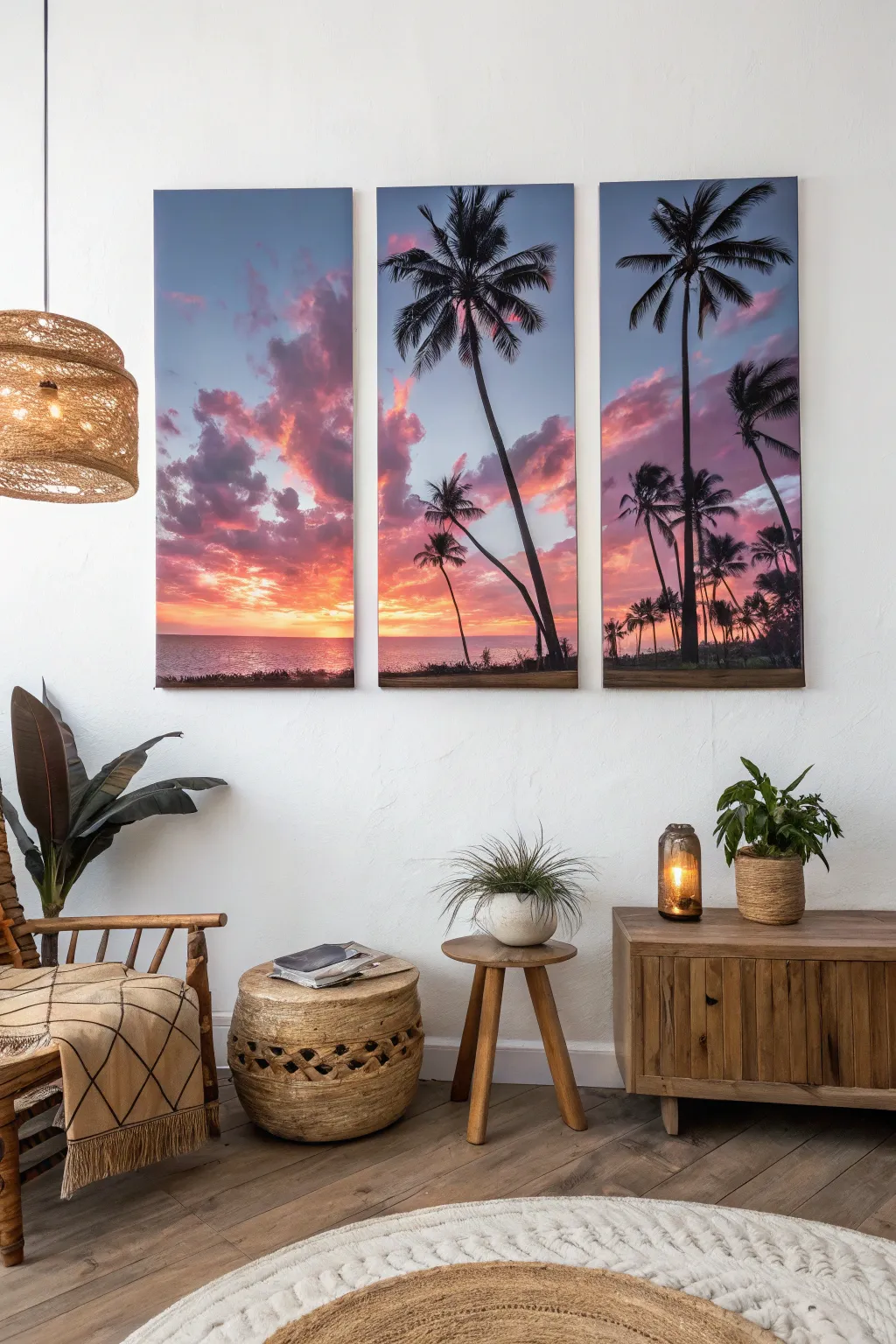 Escape to a tropical paradise with this stunning sunset triptych, perfect for adding warmth and tranquility to your minimalist space.
